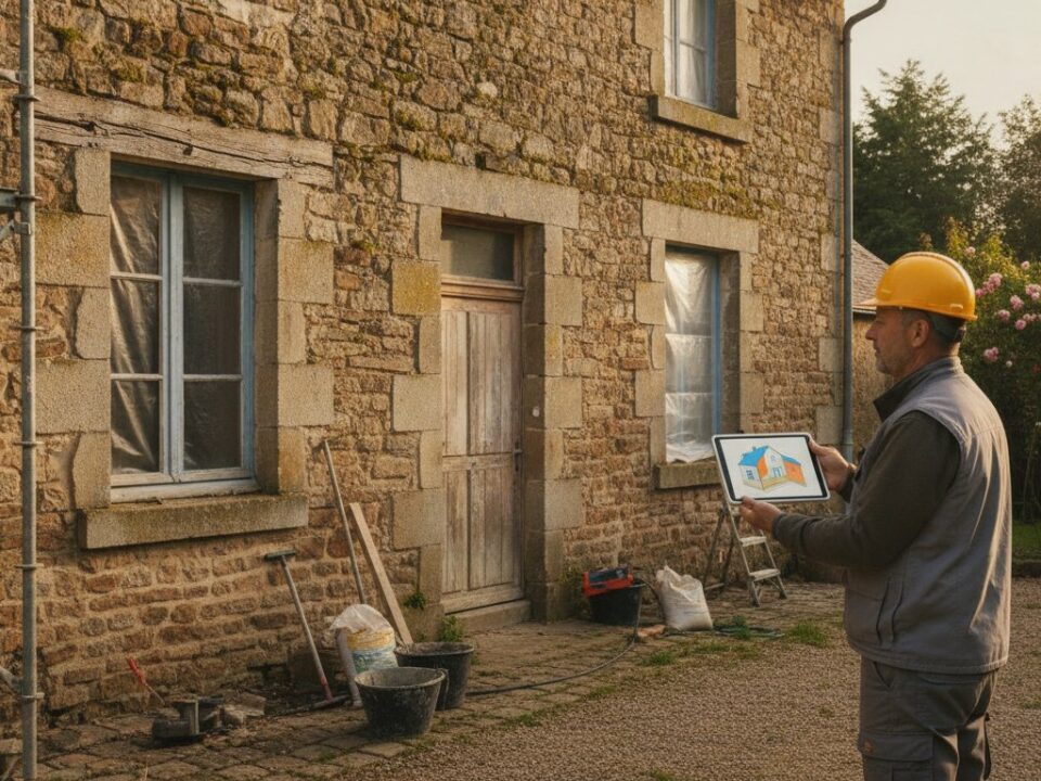 dpe maison ancienne obligation - maison en pierre et diagnostiqueur avec tablette