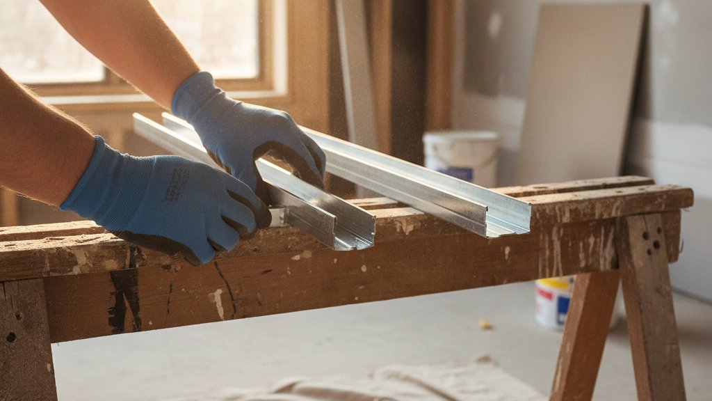 Éclisse fourrure placo - mains gantées d'un bricoleur préparant le raccord de deux fourrures F530 sur un tréteau