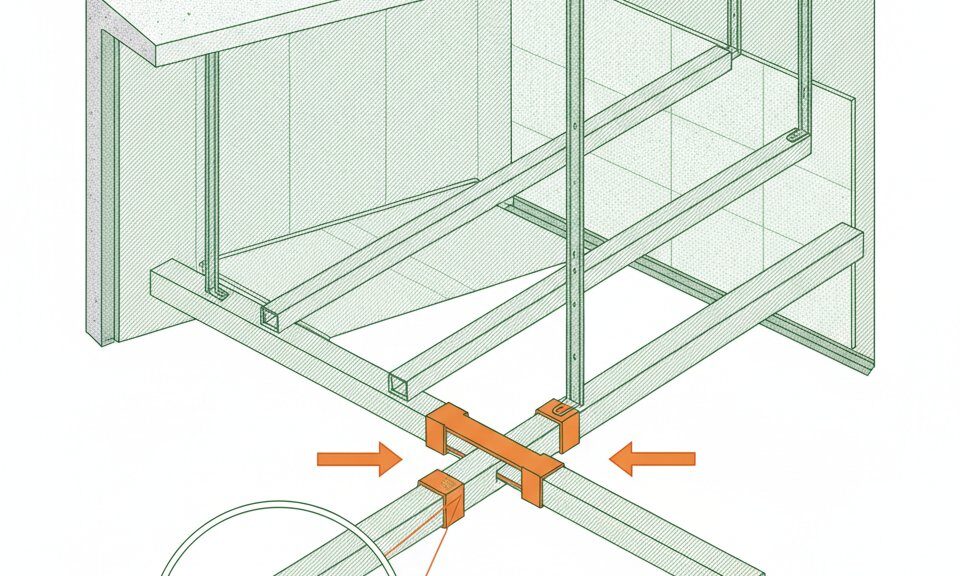 Éclisse fourrure placo - vue d'une ossature de plafond suspendu avec deux fourrures métalliques raccordées bout à bout par une éclisse en acier