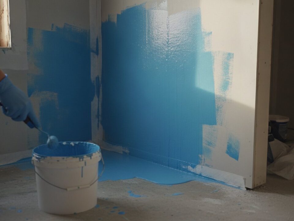 enduit étanchéité sous carrelage douche - application au rouleau d'une protection à l'eau bleue sur le mur d'une douche