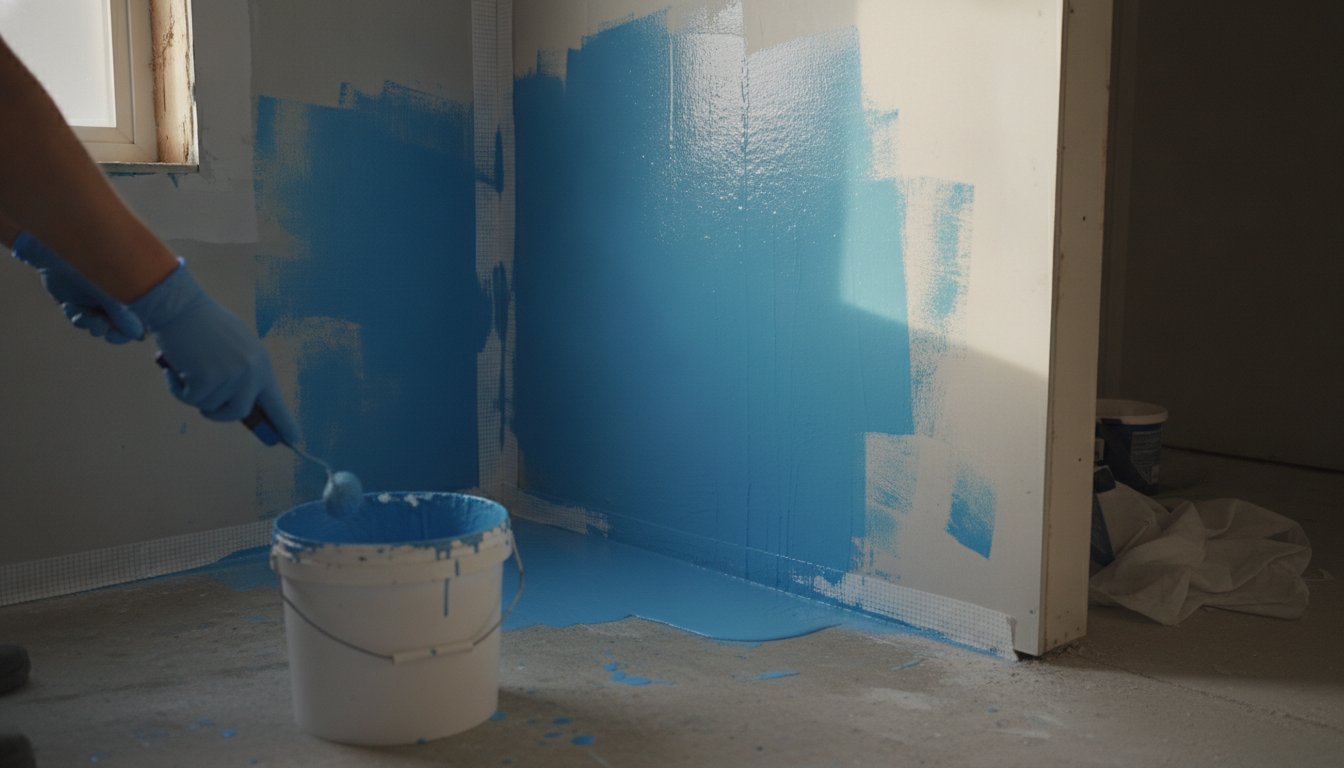 enduit étanchéité sous carrelage douche - application au rouleau d'une protection à l'eau bleue sur le mur d'une douche