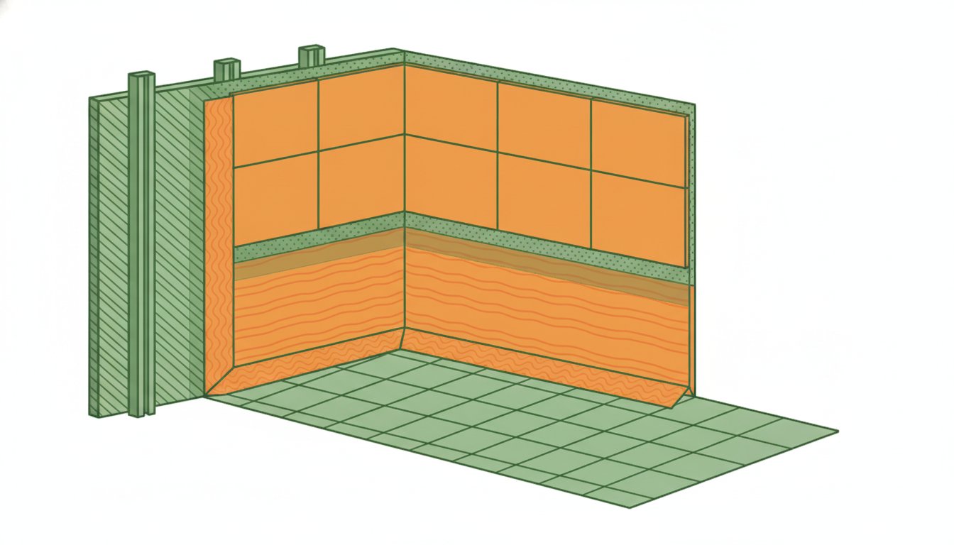 enduit étanchéité sous carrelage douche - coupe d'un angle de douche : support, primaire, deux couches d'enduit, bande d'angle, colle et carrelage
