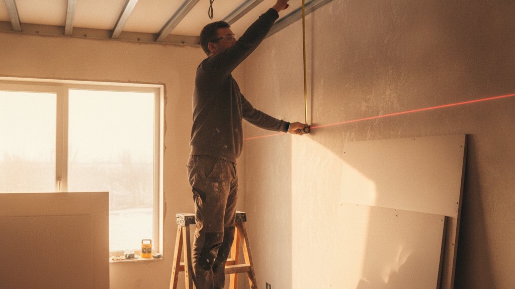 entraxe fourrure placo plafond - bricoleur mesurant l'écart entre deux fourrures de plafond au mètre ruban, ligne laser au mur