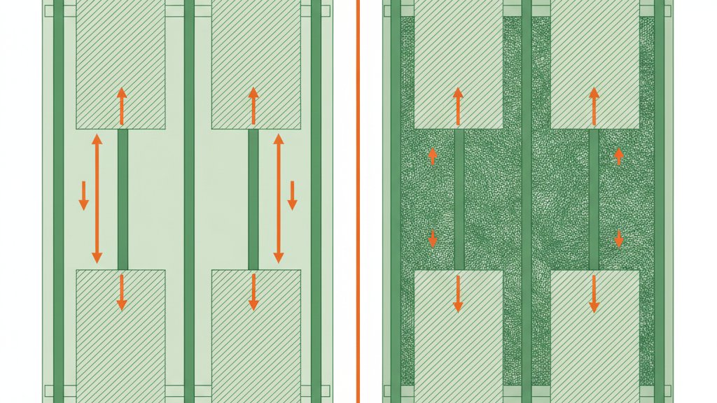 entraxe fourrure placo plafond - comparaison de deux trames de fourrures vues de dessus : entraxe standard et entraxe resserré sous isolant