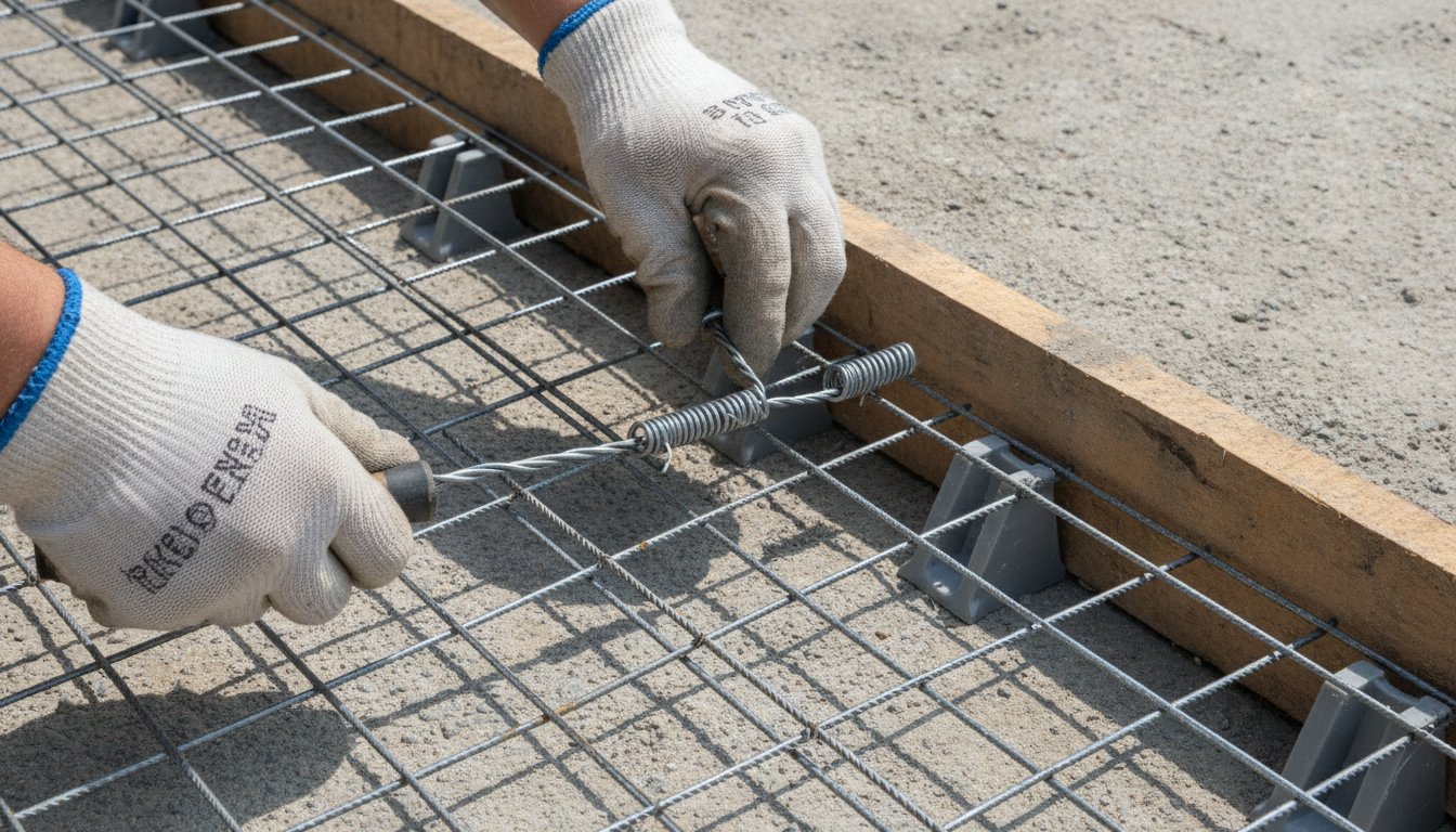ferraillage dalle béton terrasse - ligature des panneaux de treillis au recouvrement