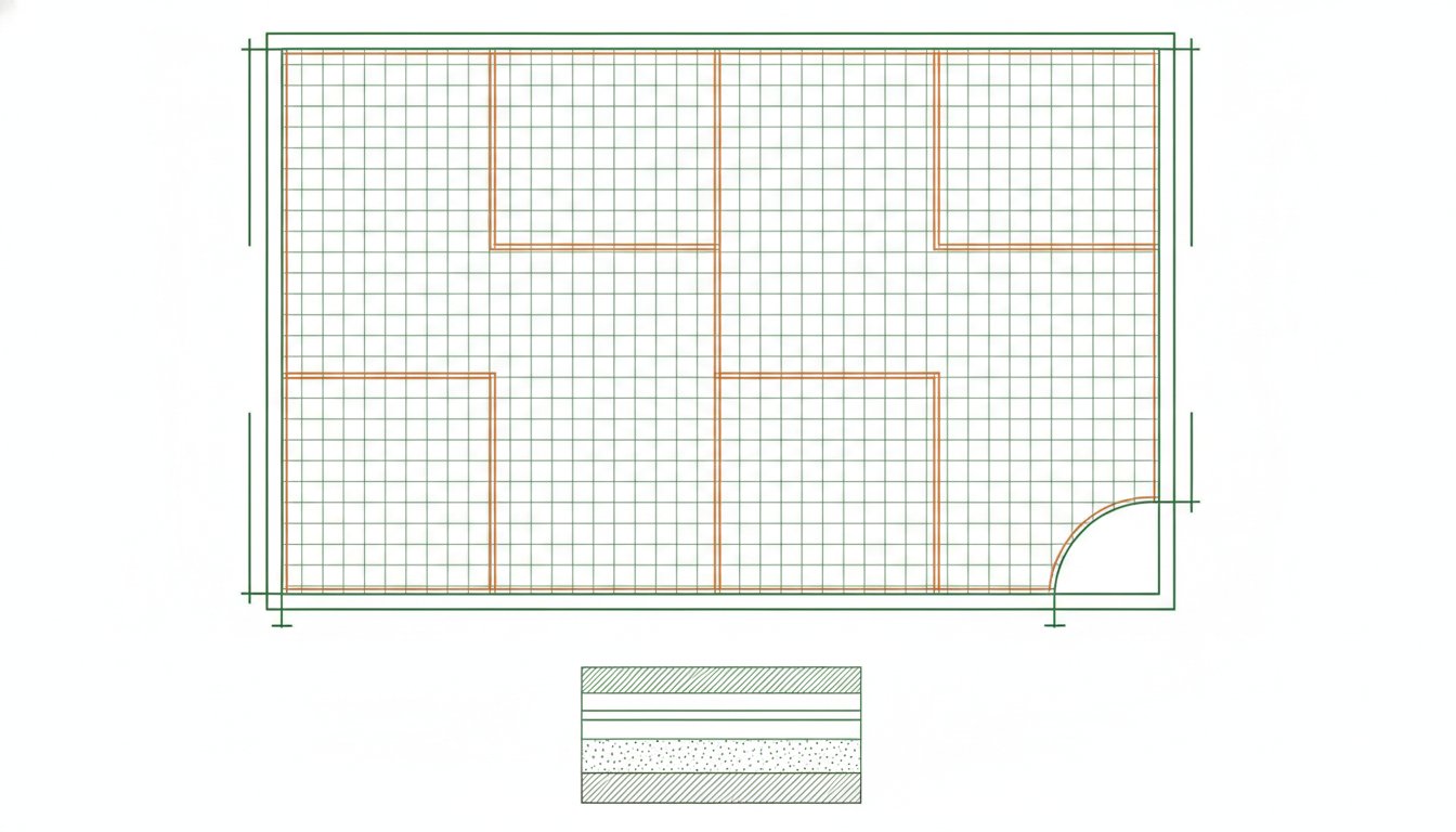 ferraillage dalle béton terrasse - plan de calepinage des panneaux avec recouvrements