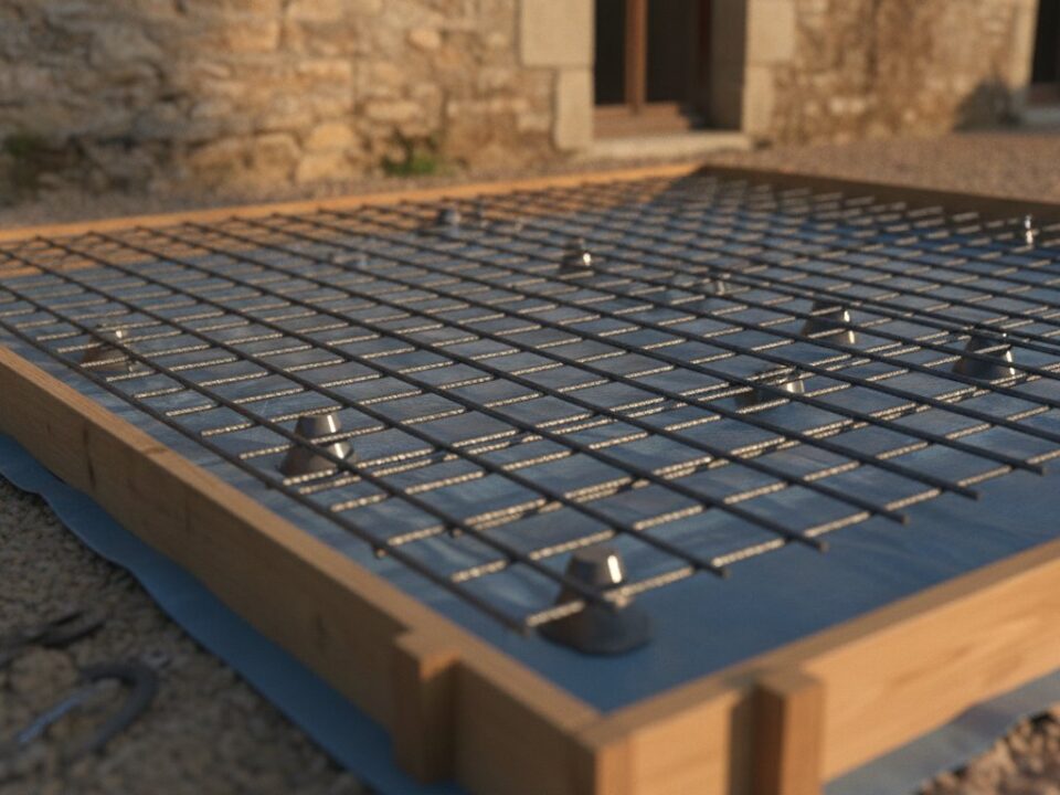 ferraillage dalle béton terrasse - treillis soudé posé sur cales dans le coffrage