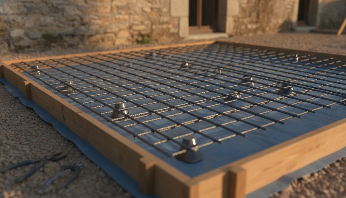 ferraillage dalle béton terrasse - treillis soudé posé sur cales dans le coffrage