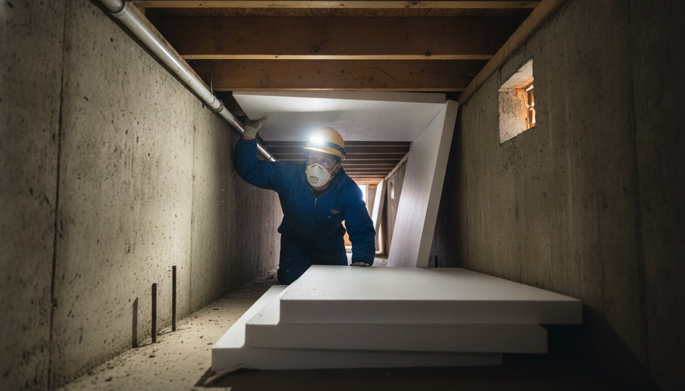 Isolation vide sanitaire sous dalle - bricoleur posant des panneaux isolants dans le vide