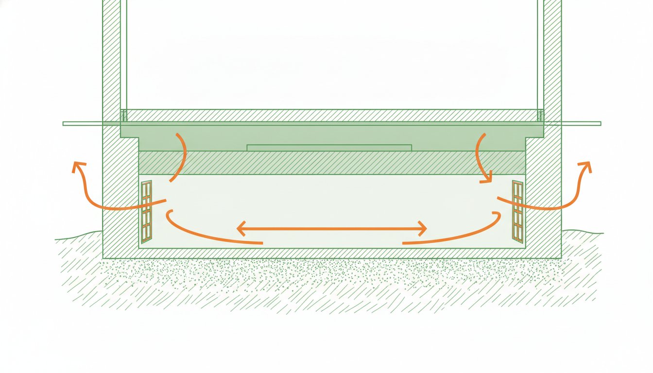 Isolation vide sanitaire sous dalle - coupe schématique avec ventilation et isolant