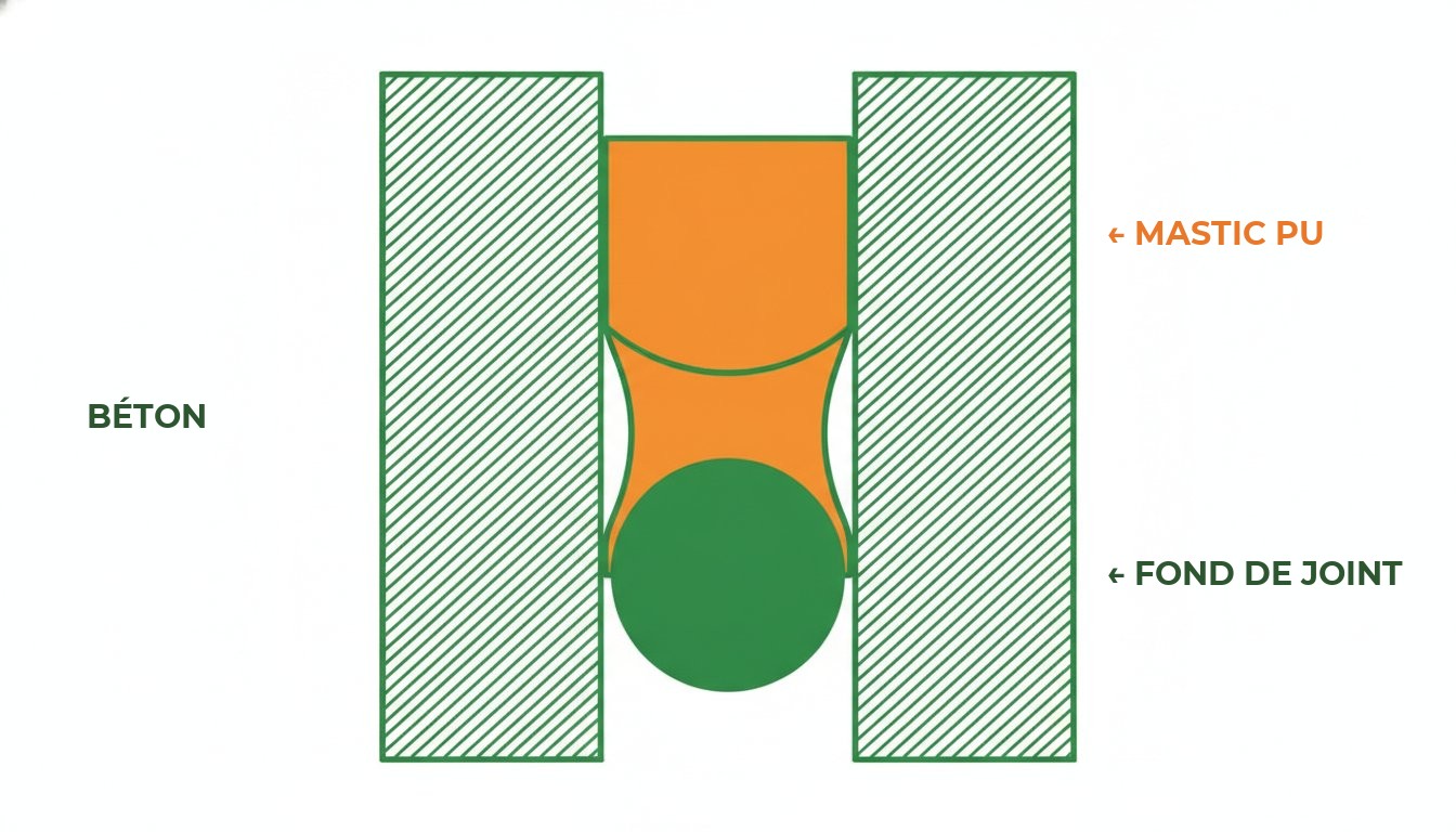mastic polyuréthane joint béton - coupe d'un joint : fond de joint, primaire et mastic adhérant sur deux faces