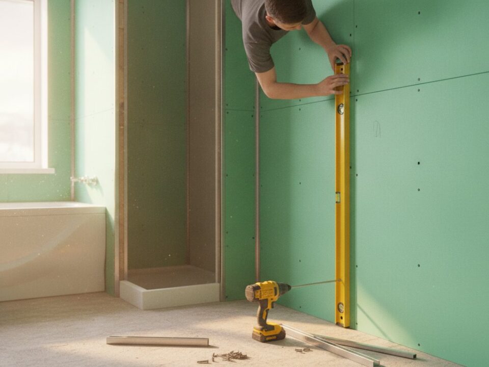 placo hydrofuge salle de bain hauteur - murs d'une salle de bain en rénovation habillés de plaques vertes hydrofuges, contrôle au niveau