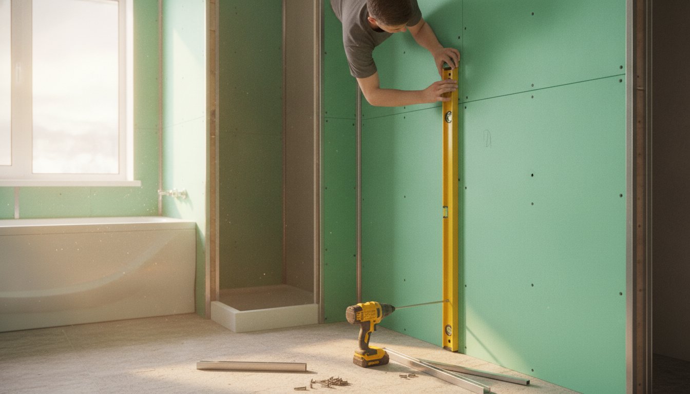 placo hydrofuge salle de bain hauteur - murs d'une salle de bain en rénovation habillés de plaques vertes hydrofuges, contrôle au niveau