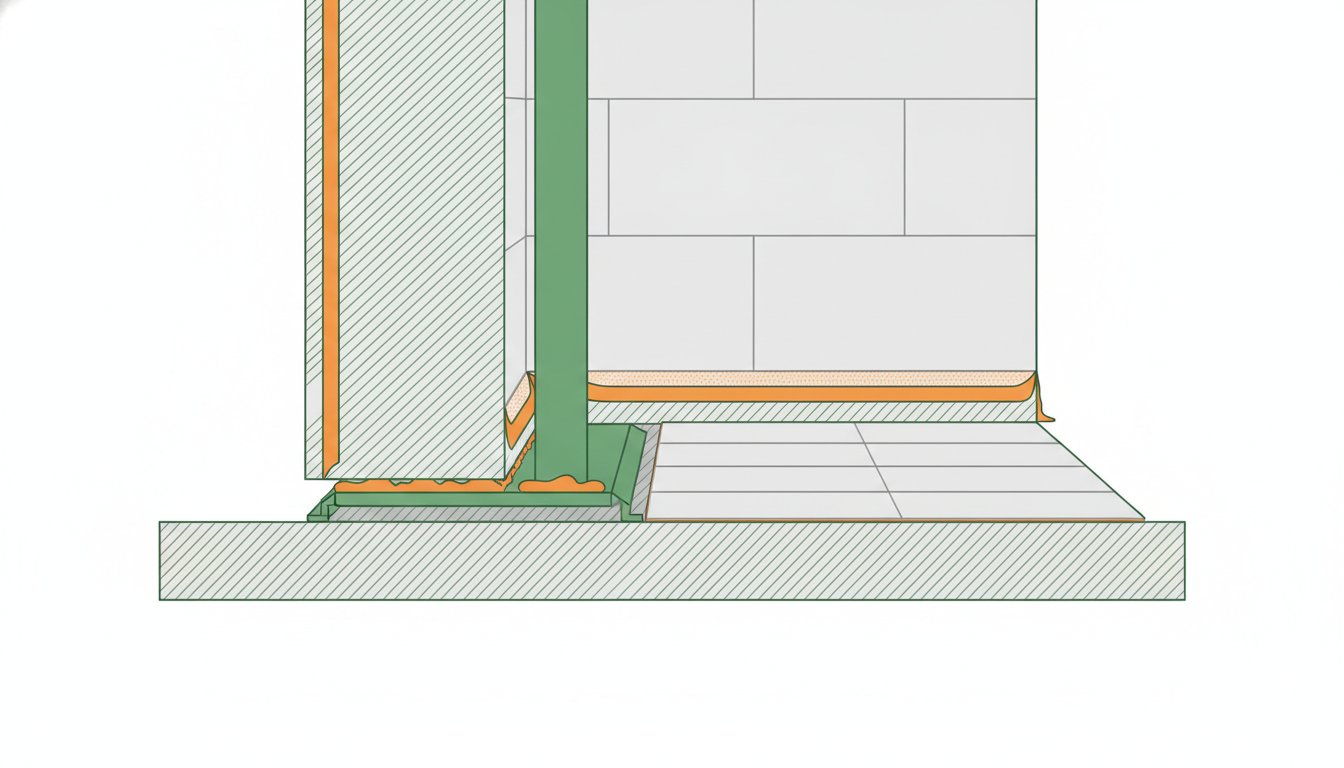 placo hydrofuge salle de bain hauteur - coupe d'un pied de cloison : plaque surélevée de 1 cm, mastic, bande d'angle et protection à l'eau sous carrelage