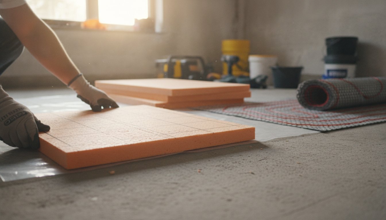 Plancher chauffant électrique sur dalle béton - pose de l'isolant avant installation du chauffage au sol