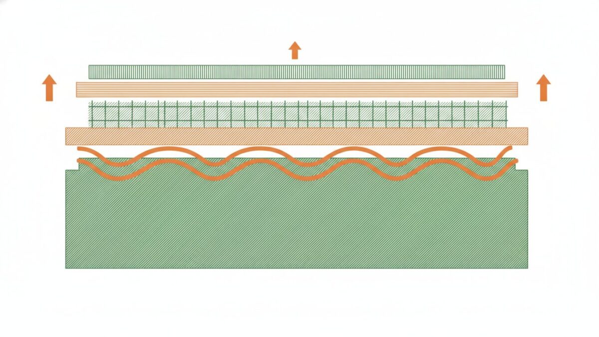 Plancher chauffant électrique sur dalle béton - schéma en coupe des couches isolation chape câble