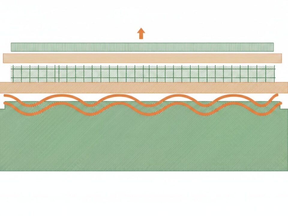 Plancher chauffant électrique sur dalle béton - schéma en coupe des couches isolation chape câble