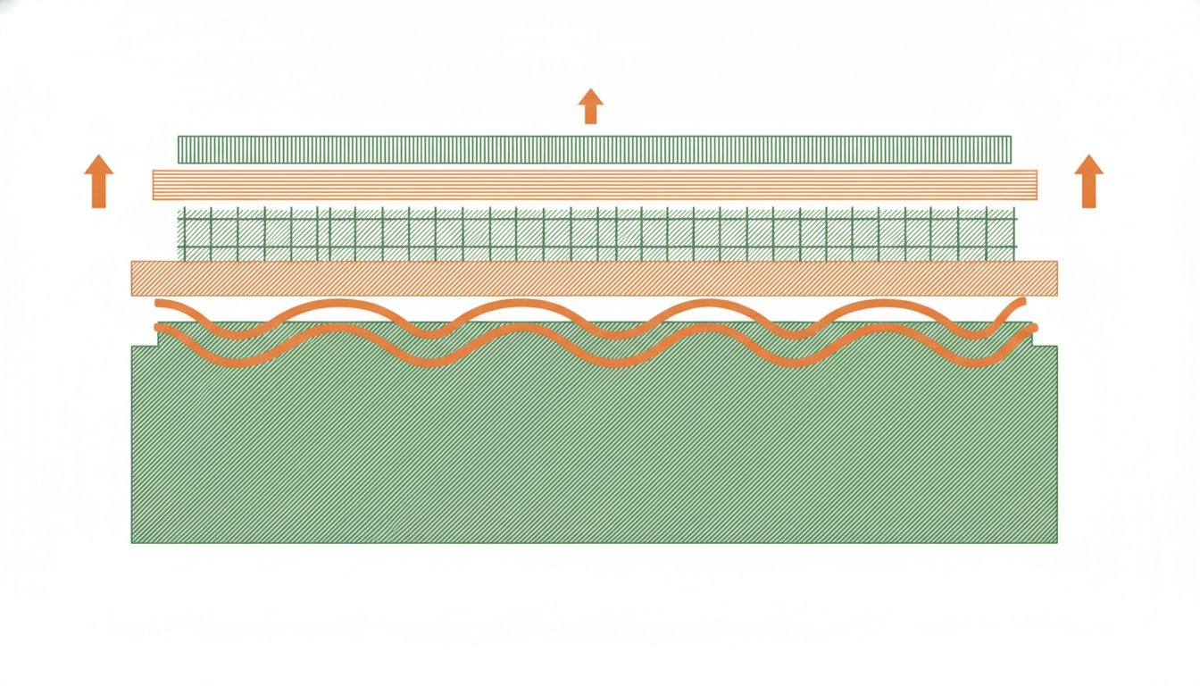 Plancher chauffant électrique sur dalle béton - schéma en coupe des couches isolation chape câble