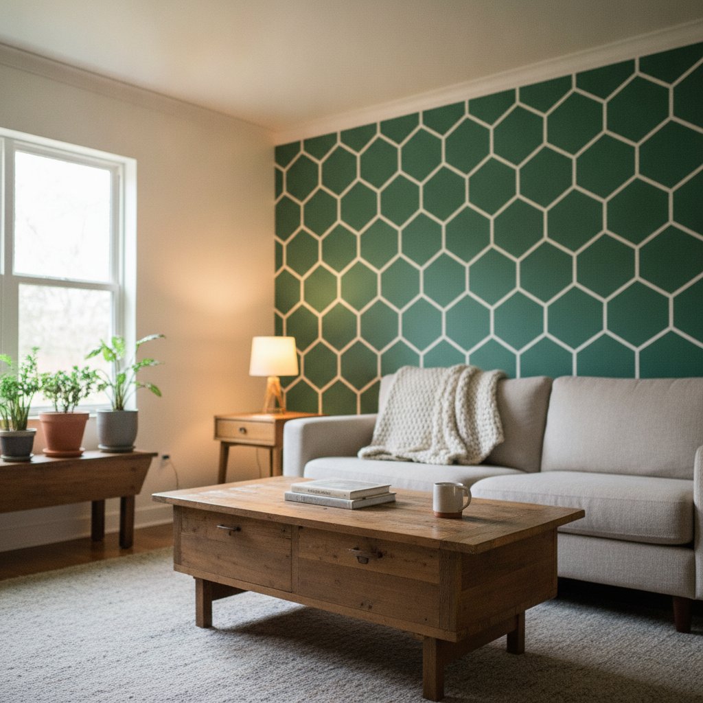 Pochoir mural geometrique tuto - mur accent hexagones vert fonce dans un salon