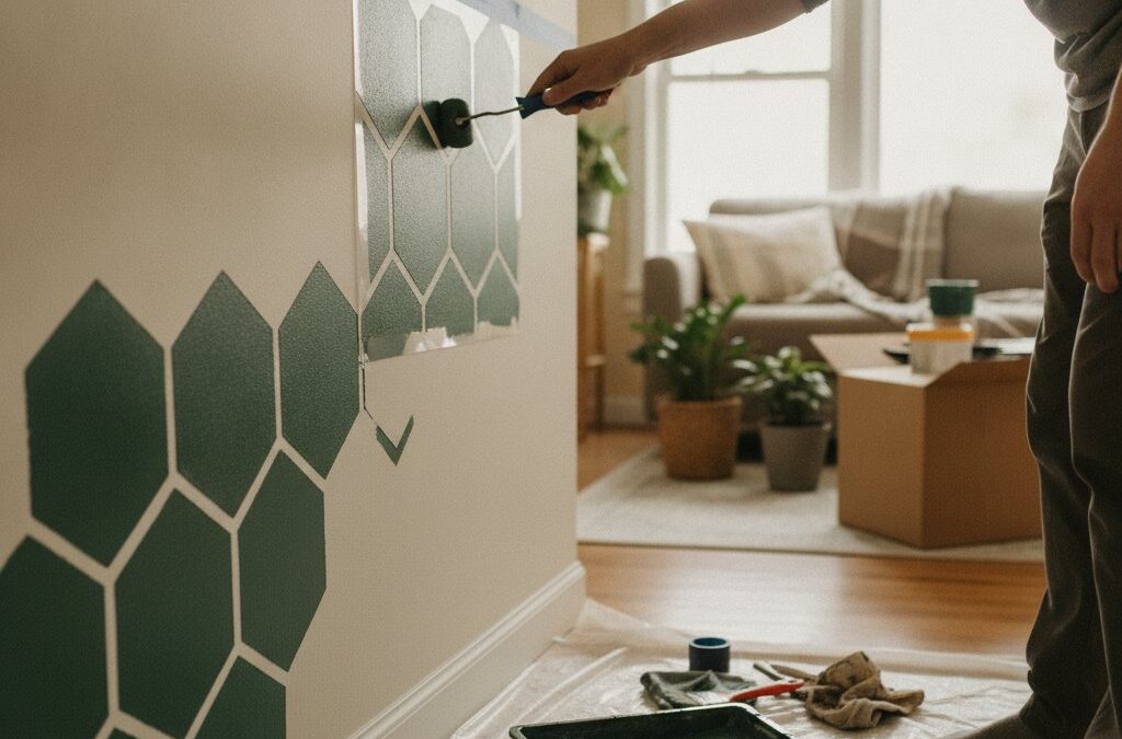 Pochoir mural geometrique tuto - peindre un motif hexagonal au rouleau
