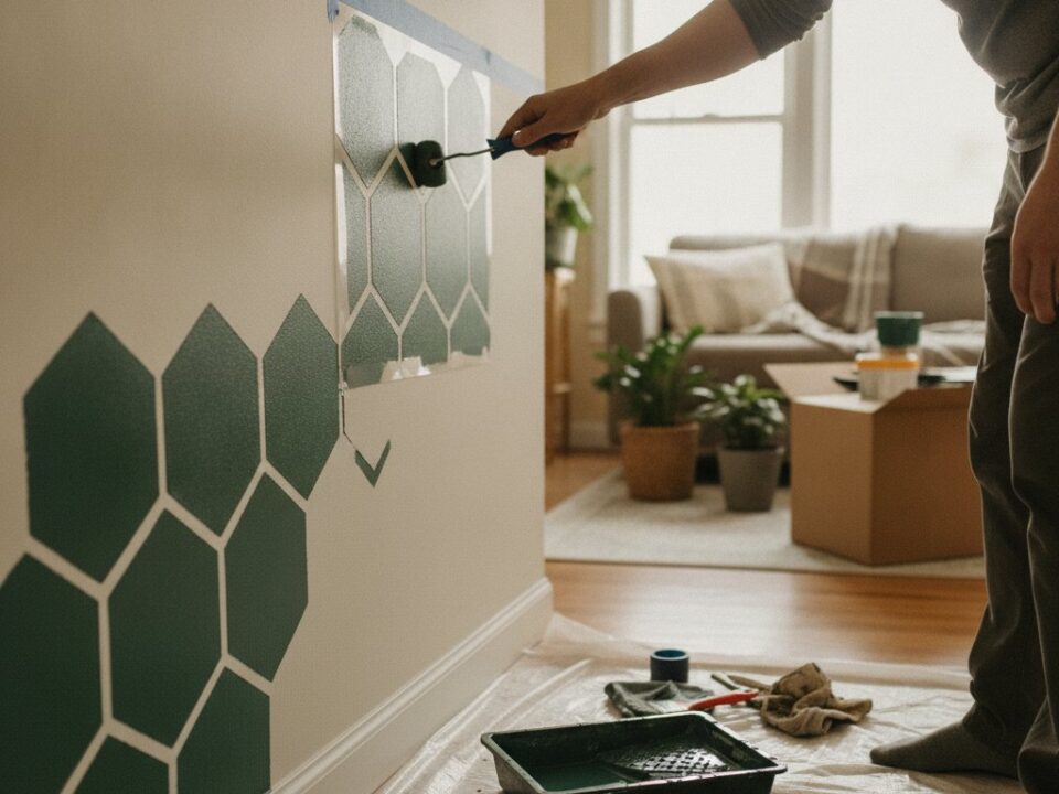 Pochoir mural geometrique tuto - peindre un motif hexagonal au rouleau