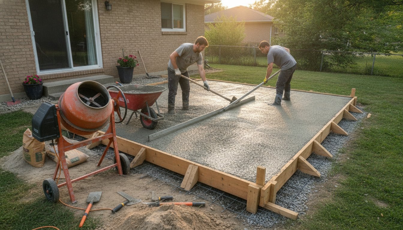 terrasse béton prix m2 - coulage et tirage à la règle d'une dalle de terrasse