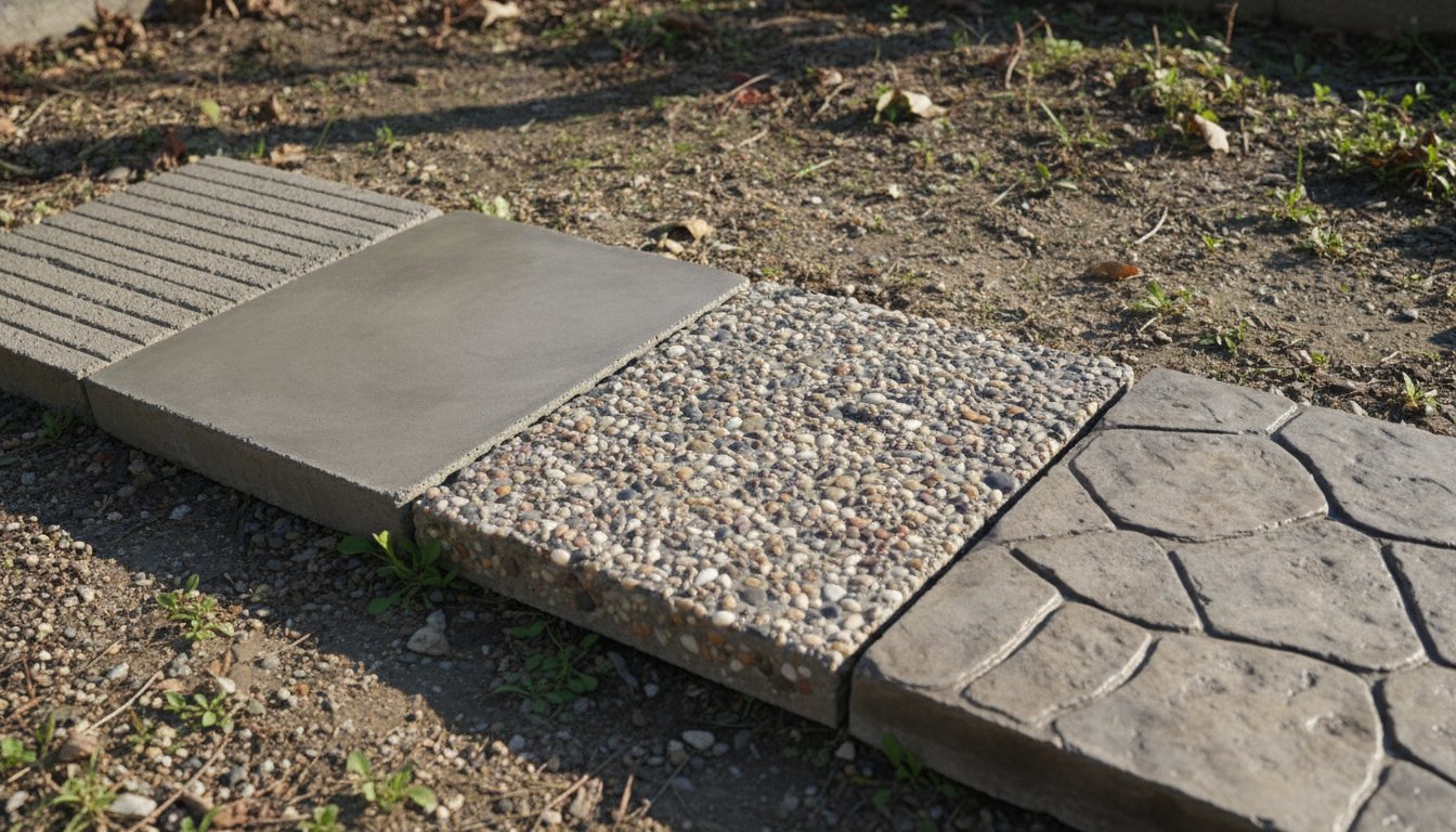 terrasse béton prix m2 - comparaison des finitions balayé, lissé, désactivé et imprimé